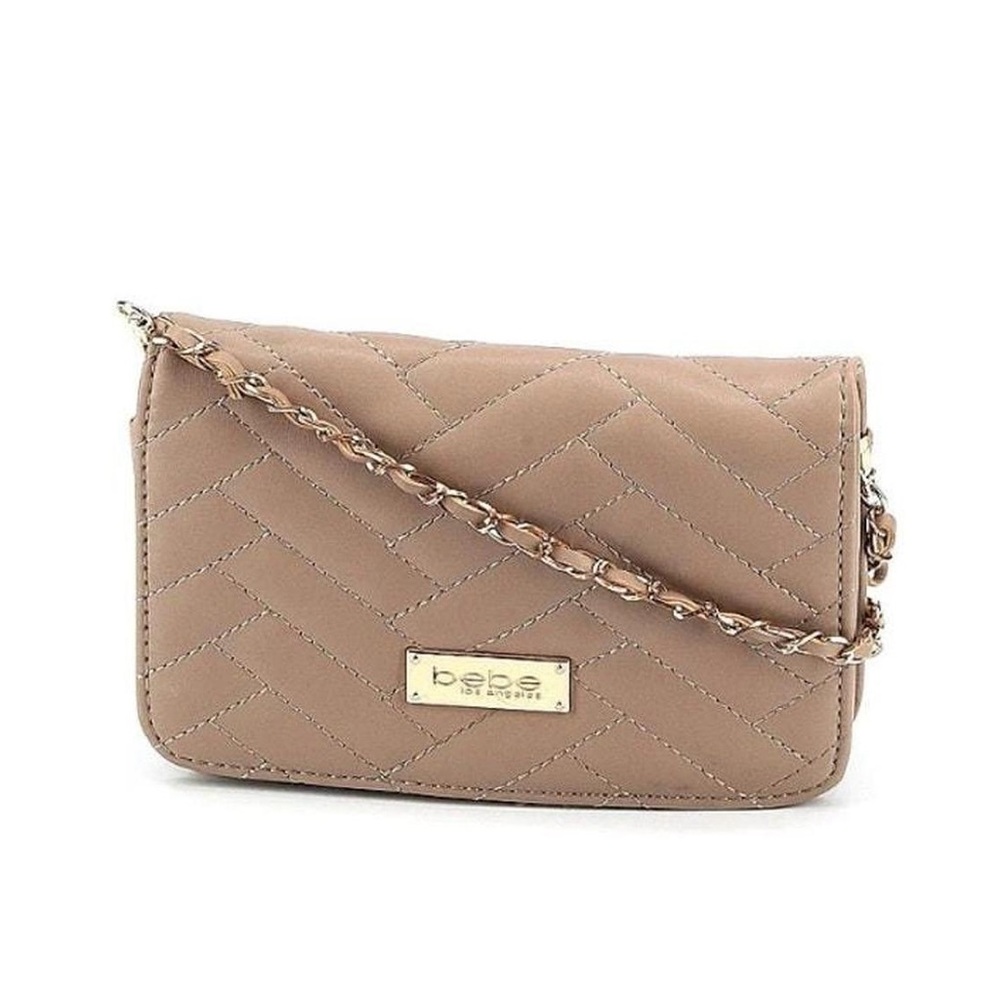 bebe Los Angeles Sophia Crossbody Purse, Taupe and Gold With Shoulder Strap